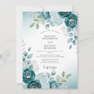 Teal Soft Watercolor Botanical Wedding Invitation