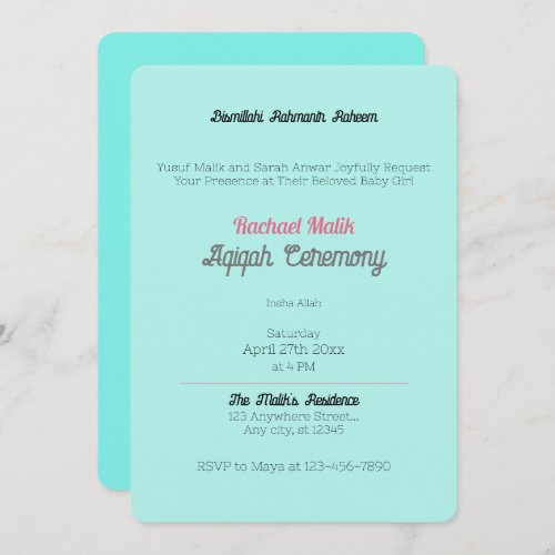 Teal Solid Color Baby Girl Aqiqah Baby Shower Invitation