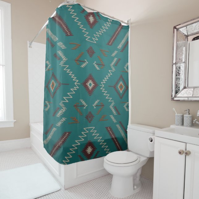 Teal Southwest Navajo Geometric Shower Curtain (In Situ)