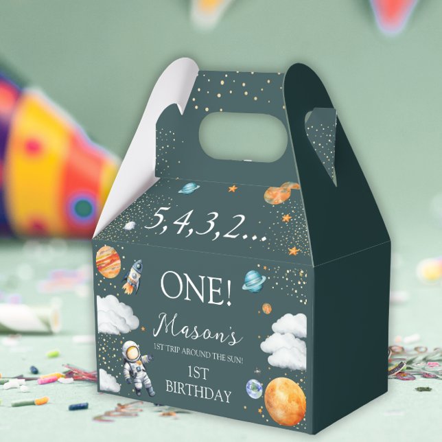 Teal Space Astronaut 1st Birthday Favor Boxes (Creator Uploaded)