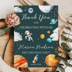 Teal Space Astronaut First Birthday Thank You Card