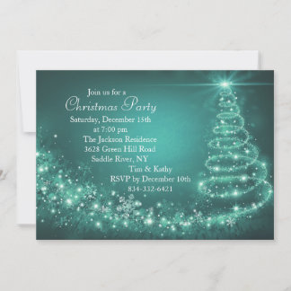 Teal Sparkle Christmas Tree Party Invitation