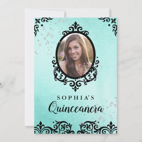 Teal Sparkle Damask Photo Quinceanera Invitation