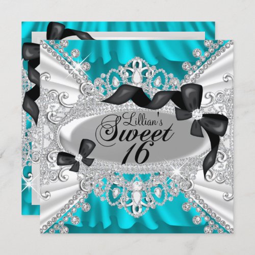 Teal Sparkle Diamond Bow Sweet 16 Invite