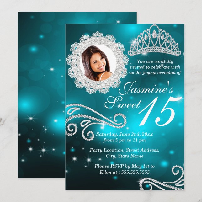 Teal Sparkle Diamond Tiara Photo Quinceanera Invitation (Front/Back)