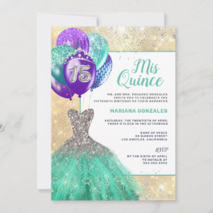 Teal Sparkle Dress Silver Glitter Mis Quinceañera Invitation