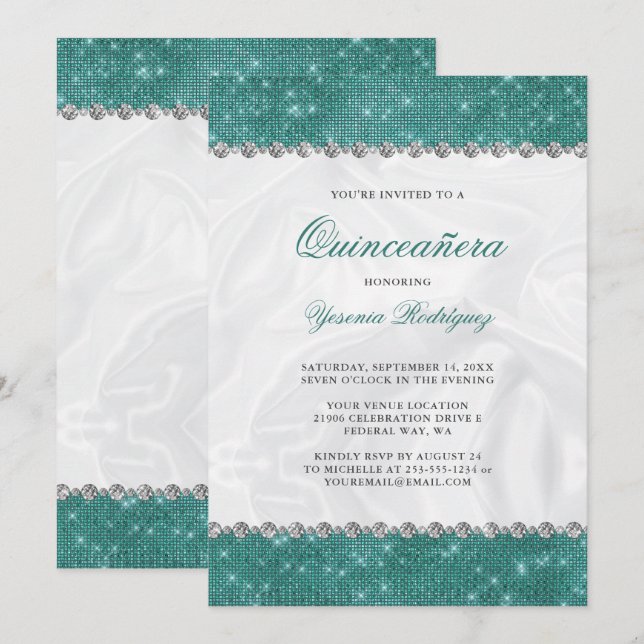 Teal Sparkle Glitter Glam Diamond Quinceañera Invitation (Front/Back)
