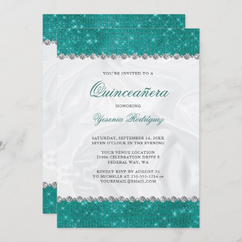 Teal Sparkle Glitter Glam Diamond Quinceaera Invitation