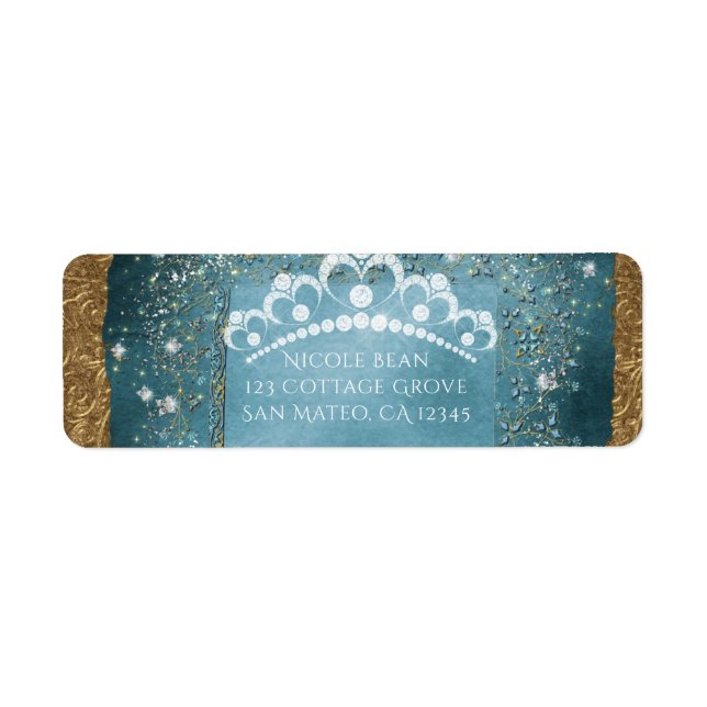 Teal Sparkle & Gold Diamond Tiara Scroll Party Label (Front)