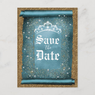 Teal Sparkle Gold Diamond Tiara Scroll Save Date Announcement Postcard