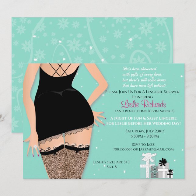 Teal Sparkle Lingerie Bridal Shower Invitation (Front/Back)