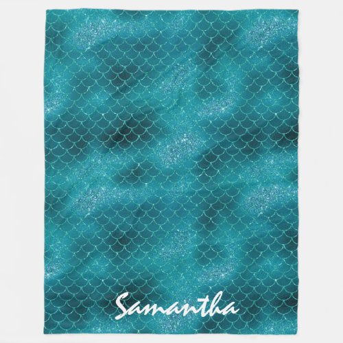 Teal Sparkle Mermaid personalized Fleece Blanket