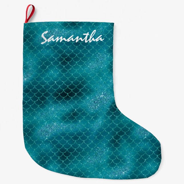 Teal Sparkle Mermaid personalized Large Christmas Stocking (Front)