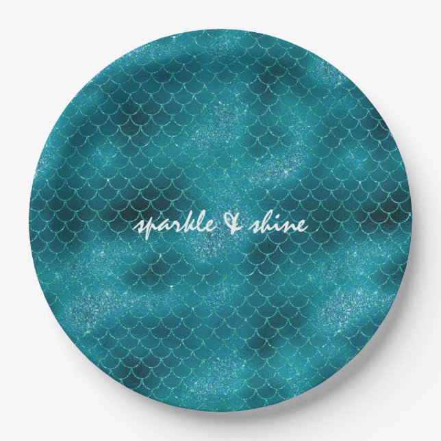 Teal Sparkle Mermaid personalized Paper Plates (Front)