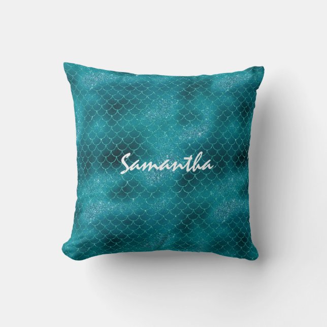 Teal Sparkle Mermaid personalized Throw Pillow (Front)