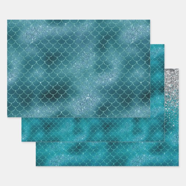 Teal Sparkle Mermaid Wrapping Paper Sheets (Set)