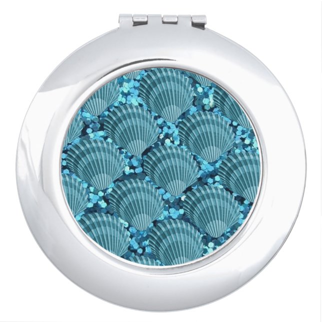 Teal Sparkle Seashell Compact Mirror (Front)