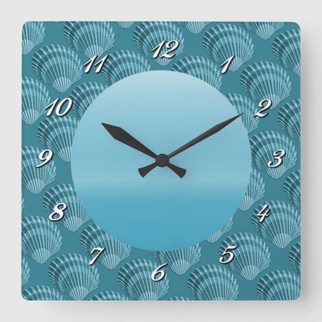 Teal Sparkle Seashell Square Wall Clock (Front)