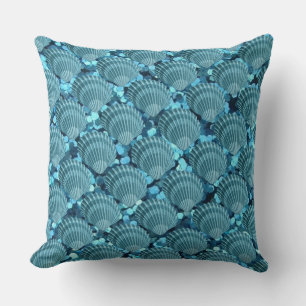 Teal Sparkle Seashell Throw Pillow