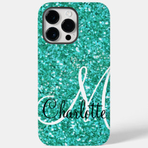 Teal sparkling glitter monogrammed Case-Mate iPhone 14 pro max case