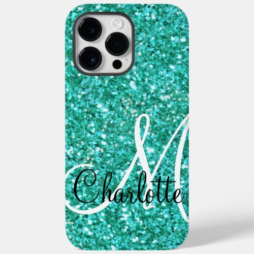 Teal  sparkling glitter monogrammed    Case_Mate iPhone 14 pro max case