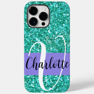 Teal sparkling glitter monogrammed       Case-Mate iPhone 14 pro max case