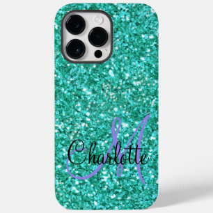 Teal sparkling glitter monogrammed     Case-Mate iPhone 14 pro max case