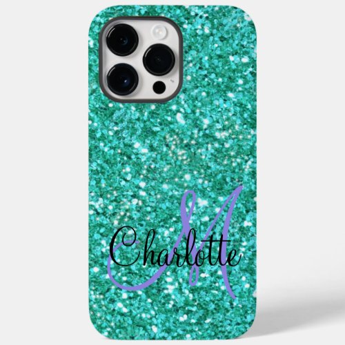 Teal sparkling glitter monogrammed     Case_Mate iPhone 14 pro max case