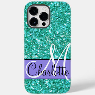 Teal sparkling glitter monogrammed Case-Mate iPhone 14 Pro Max Case