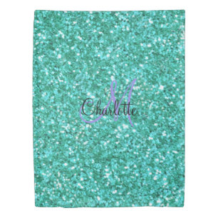 Teal sparkling glitter monogrammed duvet cover