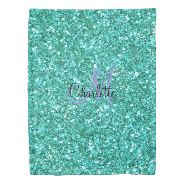 Teal sparkling glitter monogrammed    duvet cover (Front)