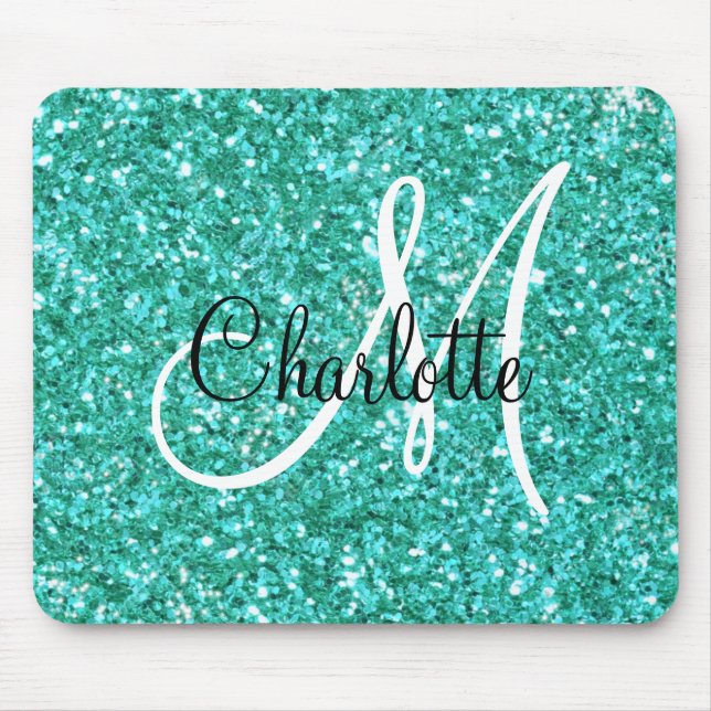 Teal  sparkling glitter monogrammed        mouse pad (Front)