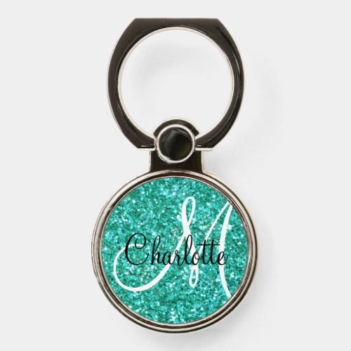 Teal  sparkling glitter monogrammed        phone ring stand