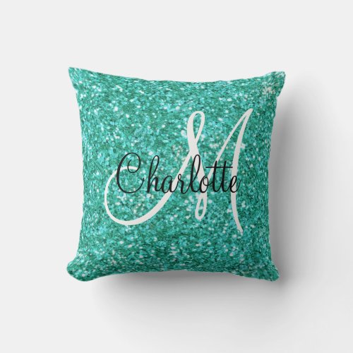 Teal  sparkling glitter monogrammed      throw pillow