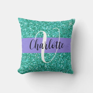 Teal sparkling glitter monogrammed      throw pillow