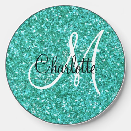 Teal  sparkling glitter monogrammed       wireless charger 