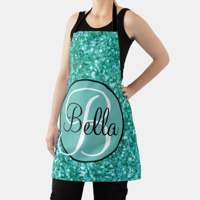 Teal sparkling glitter pattern monogrammed  apron (Insitu)