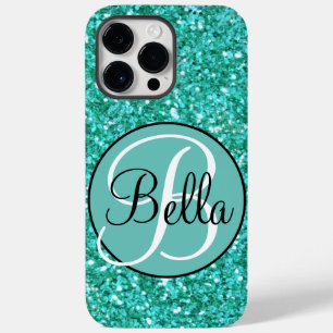 Teal sparkling glitter pattern monogrammed Case-Mate iPhone 14 pro max case