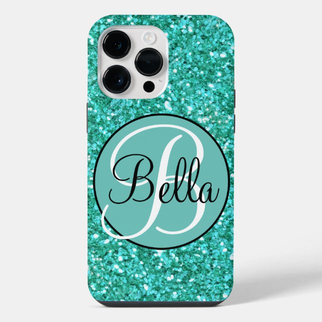 Teal sparkling glitter pattern monogrammed    iphone case (Back)