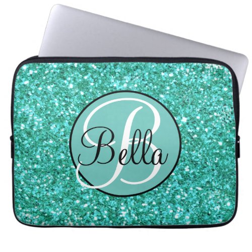 Teal sparkling glitter pattern monogrammed   lapto laptop sleeve