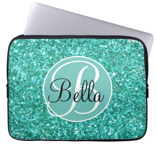 Teal sparkling glitter pattern monogrammed   laptop sleeve