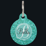 Teal sparkling glitter pattern monogrammed  pet ID tag<br><div class="desc">Fun party vibe,  teal sparkling glitter pet ID tags - text font is customizable and design is transferable-</div>