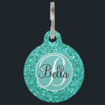 Teal sparkling glitter pattern monogrammed  pet ID tag<br><div class="desc">Fun party vibe,  teal sparkling glitter pet ID tags - text font is customizable and design is transferable-</div>