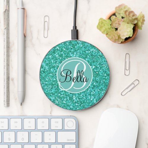 Teal sparkling glitter pattern monogrammed  wireless charger 