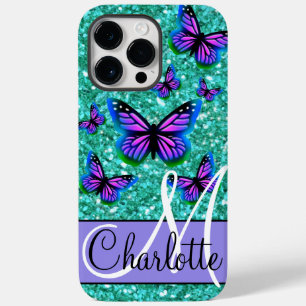 Teal sparkling glitter, purple butterflies  Case-Mate iPhone 14 pro max case