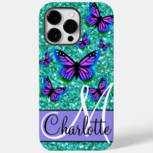 Teal sparkling glitter, purple butterflies
