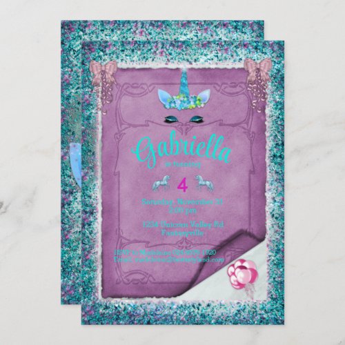 Teal Sparkling Glitter Unicorn Birthday