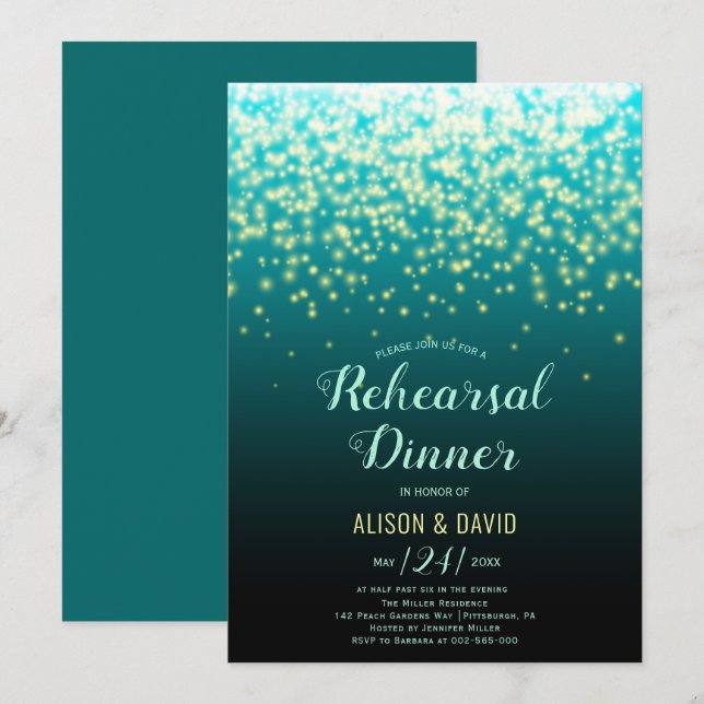 Teal sparkling lights wedding rehearsal dinner invitation (Front/Back)