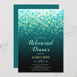 Teal sparkling lights wedding rehearsal dinner invitation