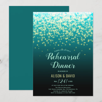 Teal sparkling lights wedding rehearsal dinner invitation